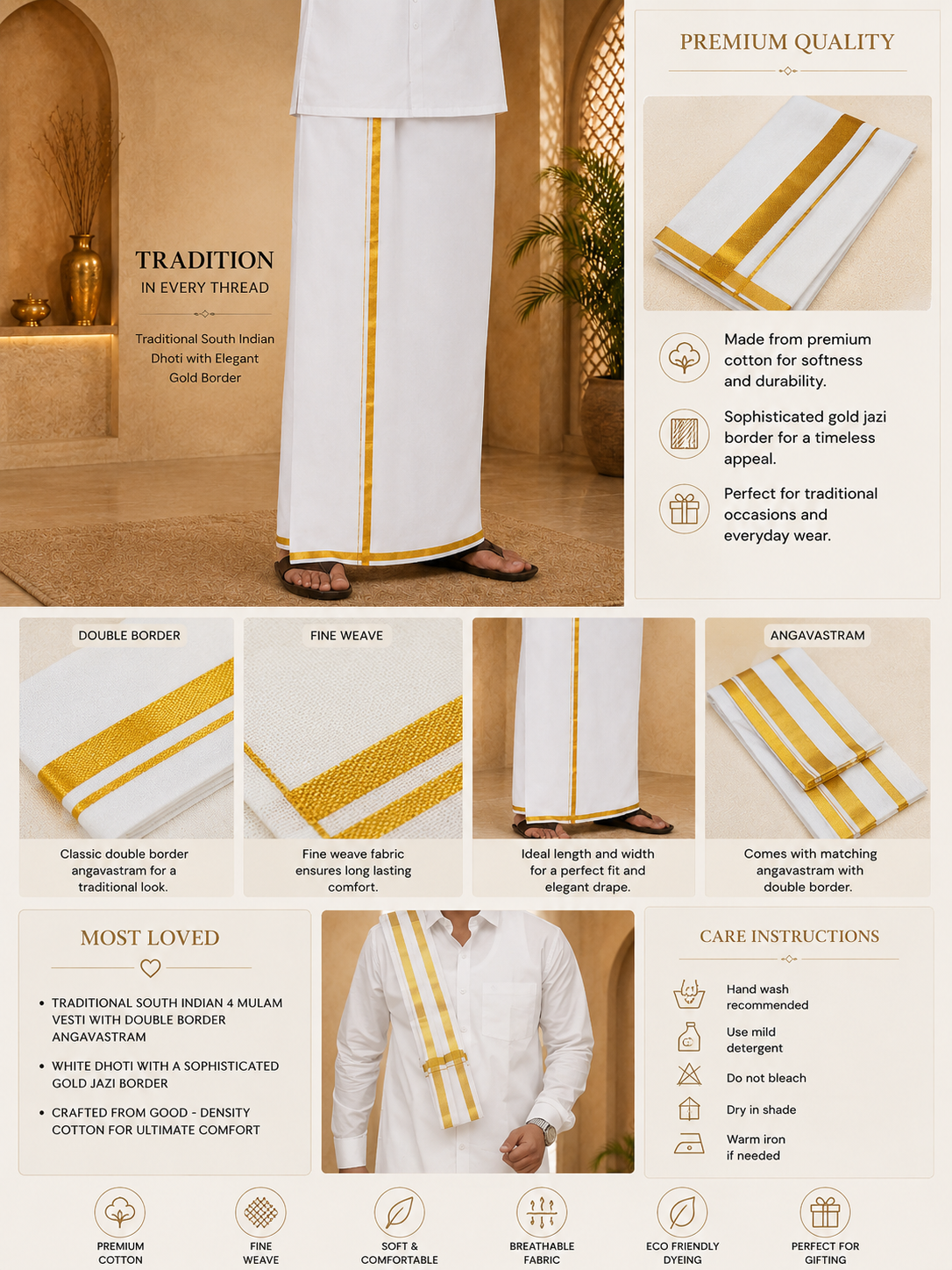 TRADITIONAL SOUTH INDIAN WEDDING WEAR MENS COTTON 4-MULAM WHITE DHOTI WITH GOLD ZARI BORDER WITH DOUBLE BORDEREDANGAVASTRAM (2.00 METER, SINGLE PIECE)