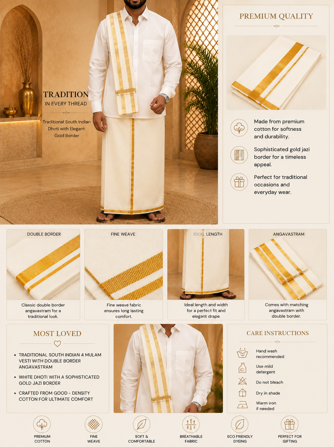 TRADITIONAL SOUTH INDIAN WEDDING WEAR MENS COTTON 4-MULAM CREAM DHOTI WITH GOLD ZARI BORDER WITH DOUBLE BORDEREDANGAVASTRAM (2.00 METER, SINGLE PIECE)v