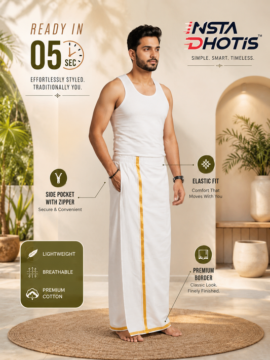 Insta Dhoti Ready to Wear White Cotton Dhoti with Gold Jari Border & Zipper Pocket
