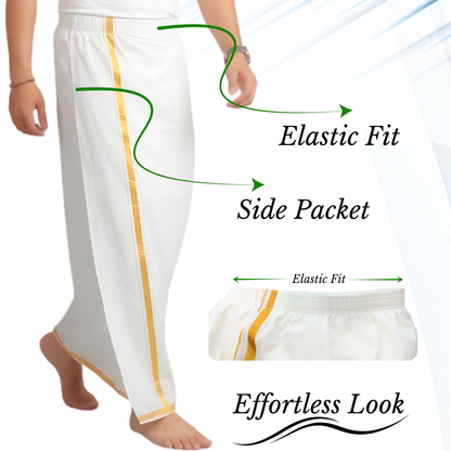 Elastic Insta Dhoti Ready to Wear White Cotton Dhoti with Gold Jari Border & Side Pocket