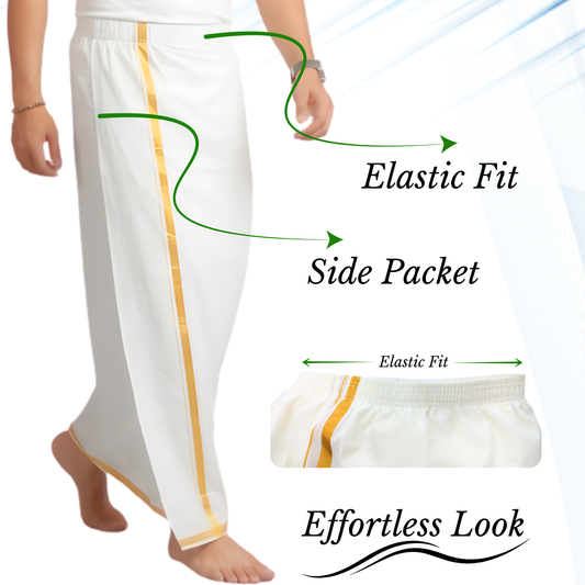 Elastic Insta Dhoti Ready to Wear White Cotton Dhoti with Gold Jari Border & Side Pocket