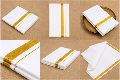 Men’s Cotton White Dhoti with Gold Jari Border 4 Mulam-2.00 Meters, Traditional Wedding Wear Vesti