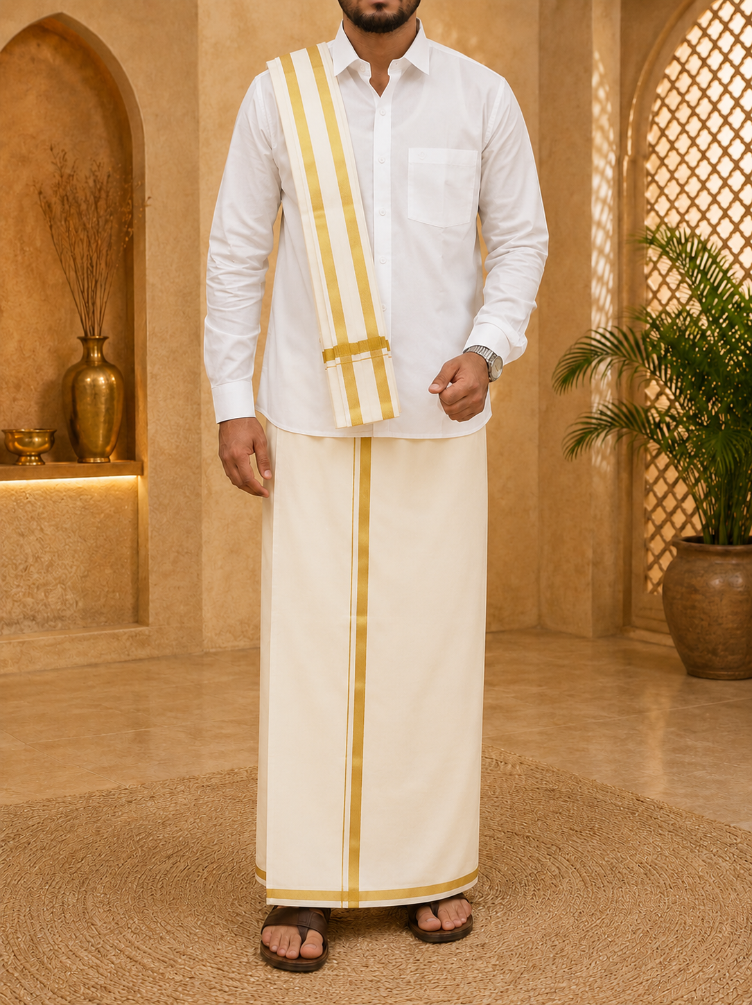 TRADITIONAL SOUTH INDIAN WEDDING WEAR MENS COTTON 4-MULAM CREAM DHOTI WITH GOLD ZARI BORDER WITH DOUBLE BORDEREDANGAVASTRAM (2.00 METER, SINGLE PIECE)v