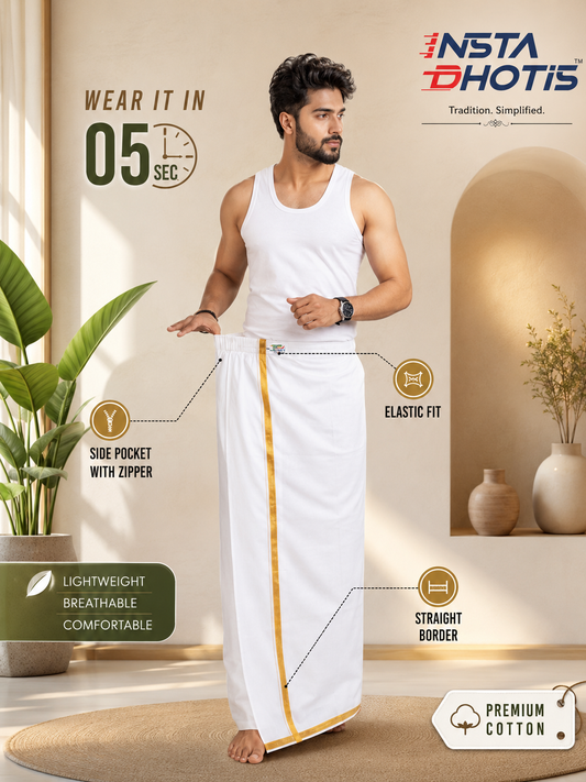 Insta Dhoti Ready to Wear White Cotton Dhoti with Gold Jari Border & Zipper Pocket