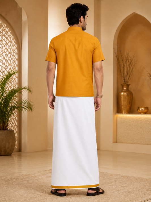 Men’s White Ready-to-Wear Pocket Dhoti with Velcro Waist & Gold Border