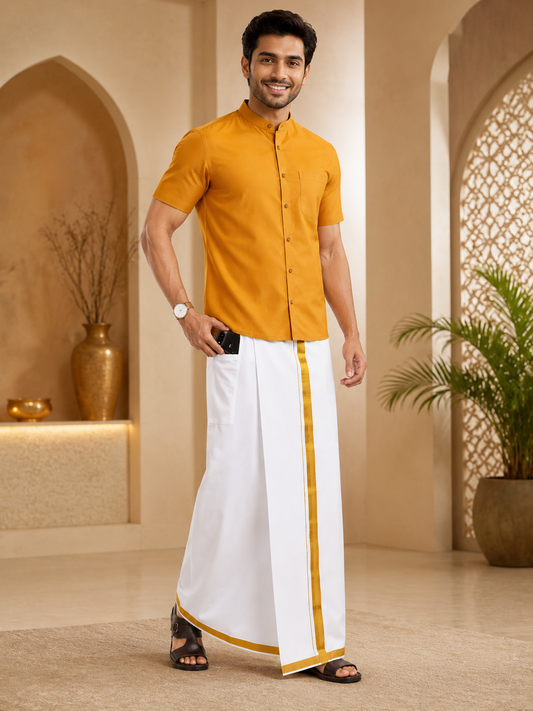 Men’s White Ready-to-Wear Pocket Dhoti with Velcro Waist & Gold Border