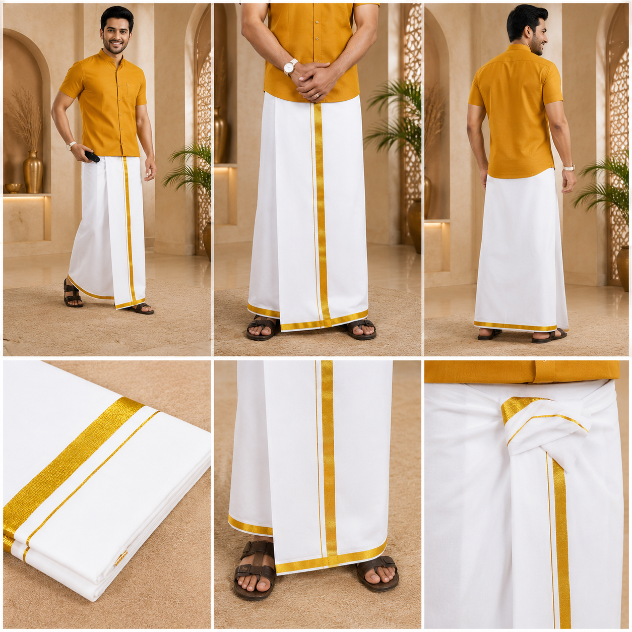 Men’s Cotton White Dhoti with Gold Jari Border 4 Mulam-2.00 Meters, Traditional Wedding Wear Vesti