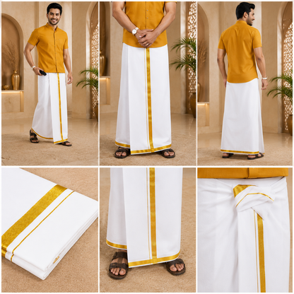 Men’s Cotton White Dhoti with Gold Jari Border 4 Mulam-2.00 Meters, Traditional Wedding Wear Vesti