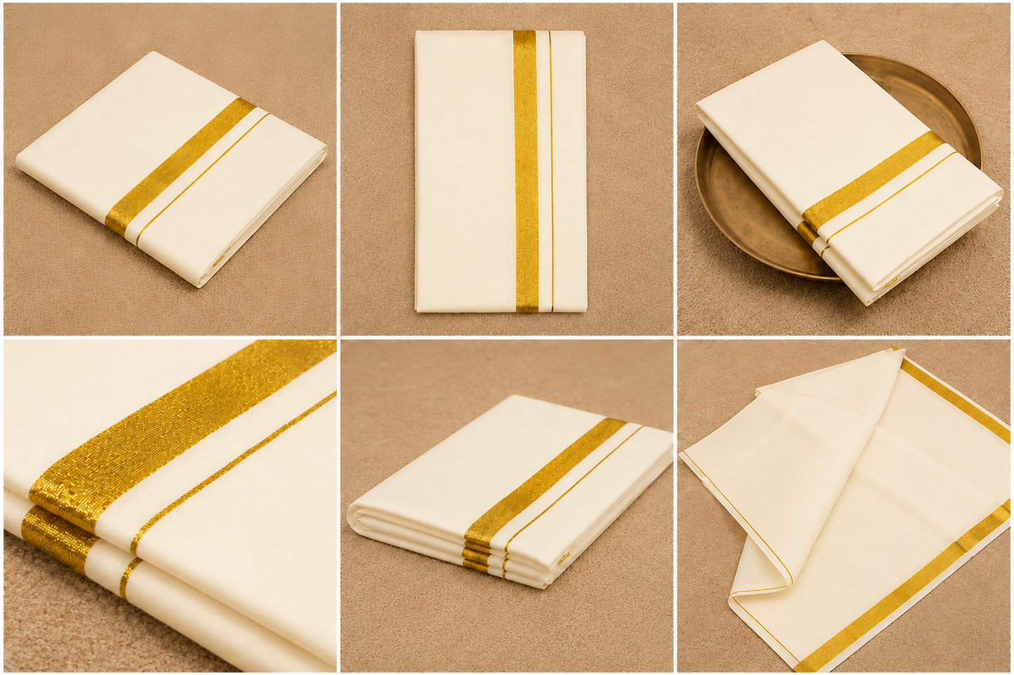 Men’s Cotton Cream Dhoti with Gold Jari Border 4 Mulam-2.00 Meters, Traditional Wedding Wear Vesti