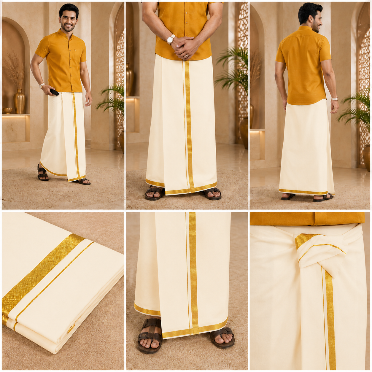 Men’s Cotton Cream Dhoti with Gold Jari Border 4 Mulam-2.00 Meters, Traditional Wedding Wear Vesti