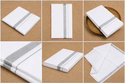 Men’s Cotton White Dhoti with Silver Jari Border 4 Mulam-2.00 Meters, Traditional Wedding Wear Vesti
