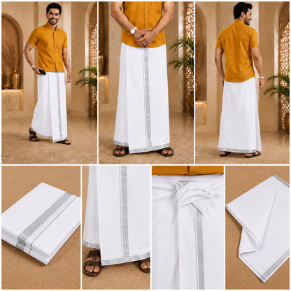 Men’s Cotton White Dhoti with Silver Jari Border 4 Mulam-2.00 Meters, Traditional Wedding Wear Vesti