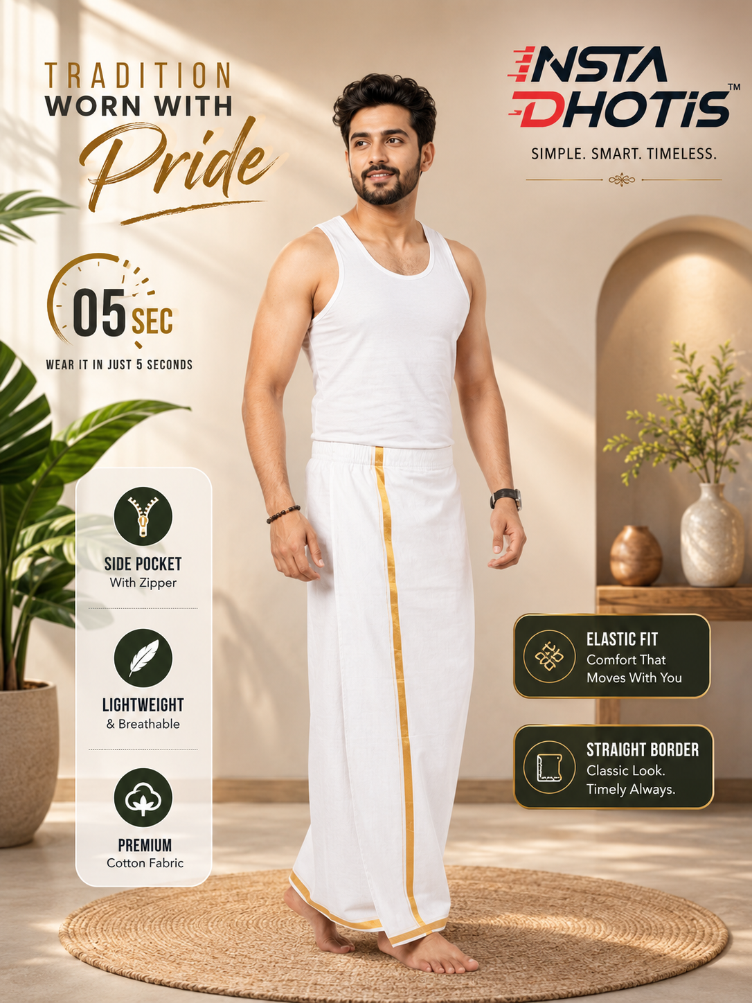 Insta Dhoti Ready to Wear White Cotton Dhoti with Gold Jari Border & Zipper Pocket