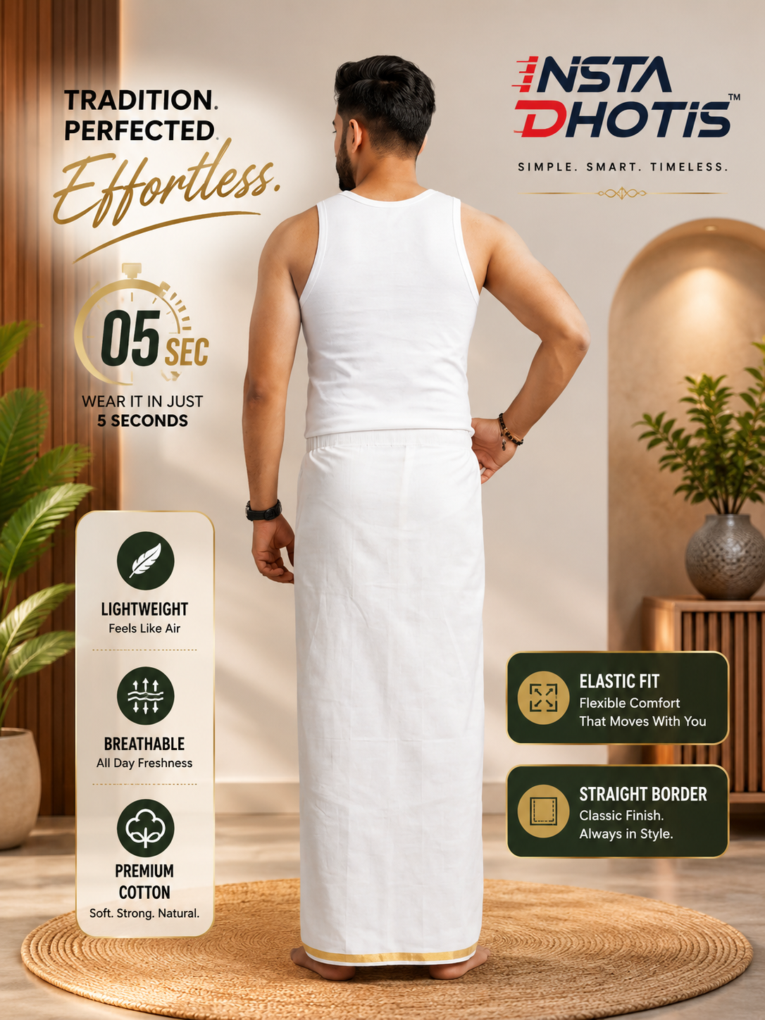 Insta Dhoti Ready to Wear White Cotton Dhoti with Gold Jari Border & Zipper Pocket