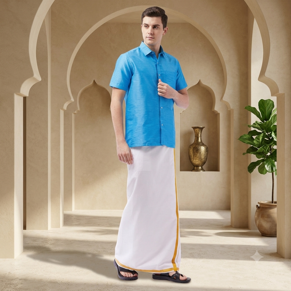 Traditional Men’s White Ready-to-Wear Pocket Dhoti with Velcro Waist & Gold Border
