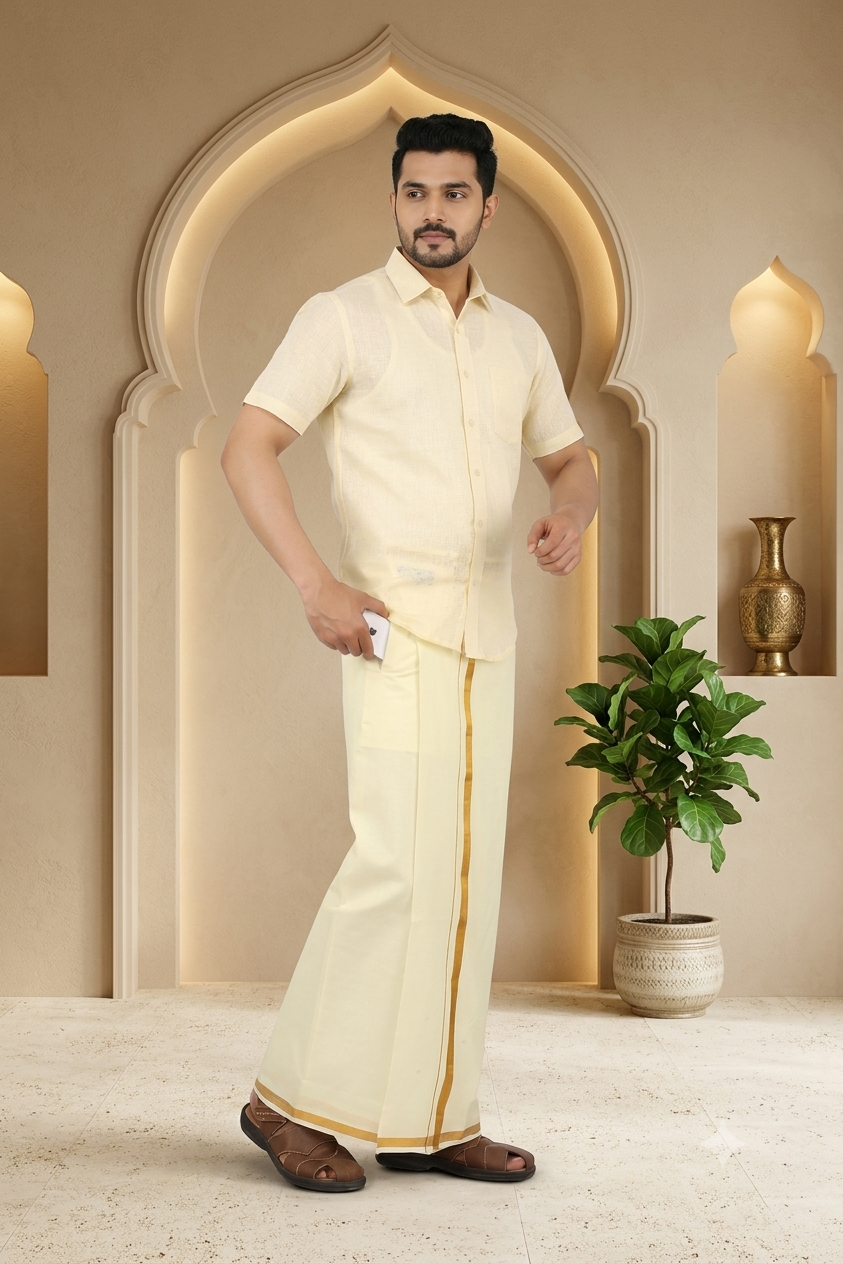 Traditional Men’s Cream Ready-to-Wear Pocket Dhoti with Velcro Waist & Gold BorderV