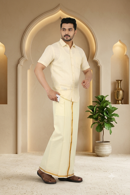Traditional Men’s Cream Ready-to-Wear Pocket Dhoti with Velcro Waist & Gold BorderV