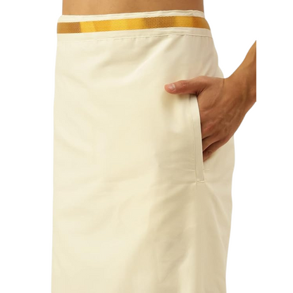 Traditional Men’s Cream Ready-to-Wear Pocket Dhoti with Velcro Waist & Gold BorderV