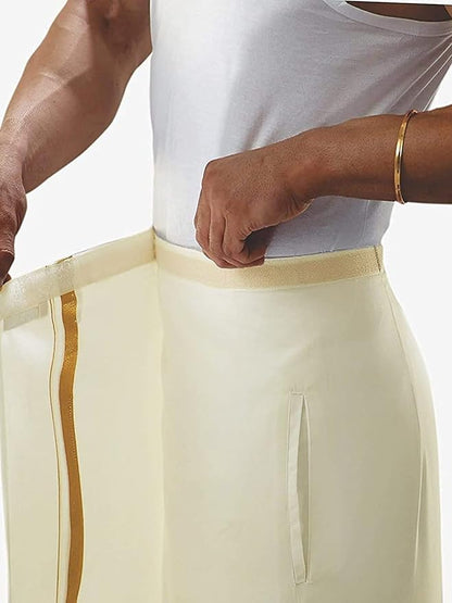 Traditional Men’s Cream Ready-to-Wear Pocket Dhoti with Velcro Waist & Gold BorderV