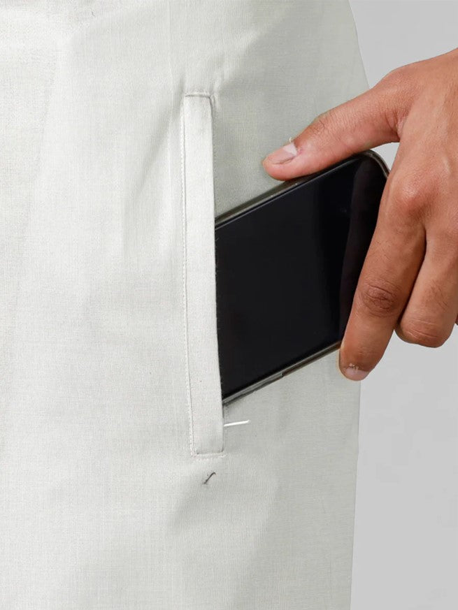 Men’s White Ready-to-Wear Pocket Dhoti with Velcro Waist & Silver Border
