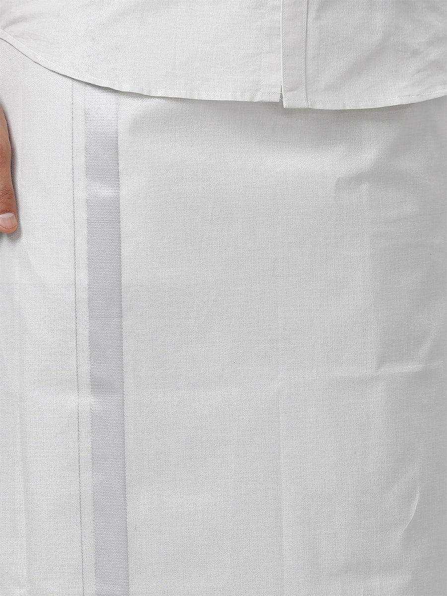 Men’s White Ready-to-Wear Pocket Dhoti with Velcro Waist & Silver Border