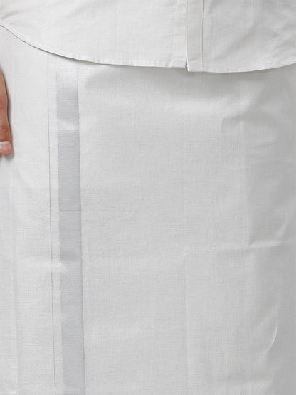 Men’s White Ready-to-Wear Pocket Dhoti with Velcro Waist & Silver Border